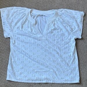 LOFT White Eyelet Notch-Neck Short Sleeve Top